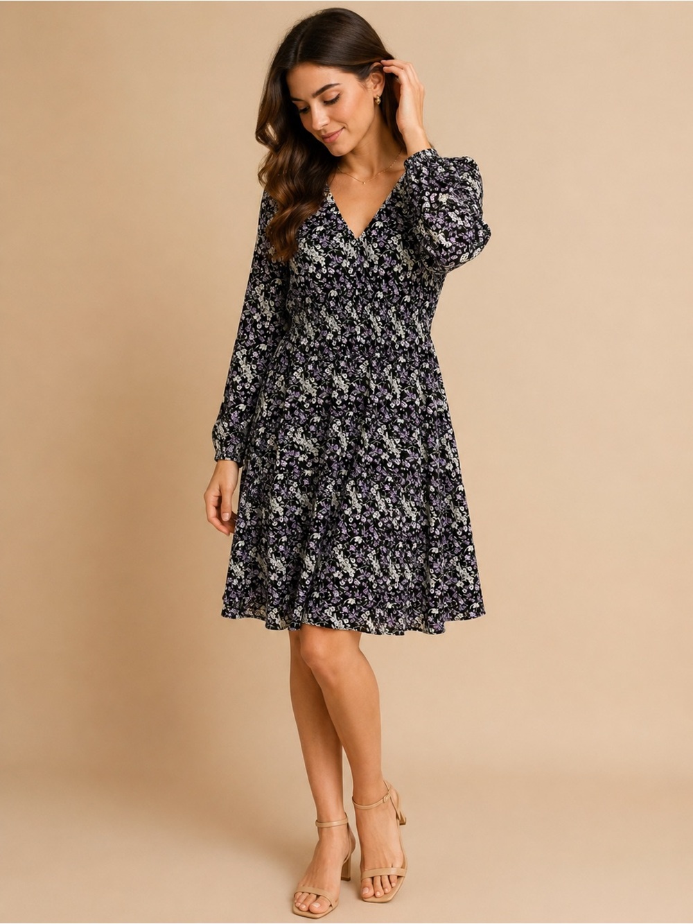 Skies Are Blue Black & Lilac Floral V-Neck Mini Dress